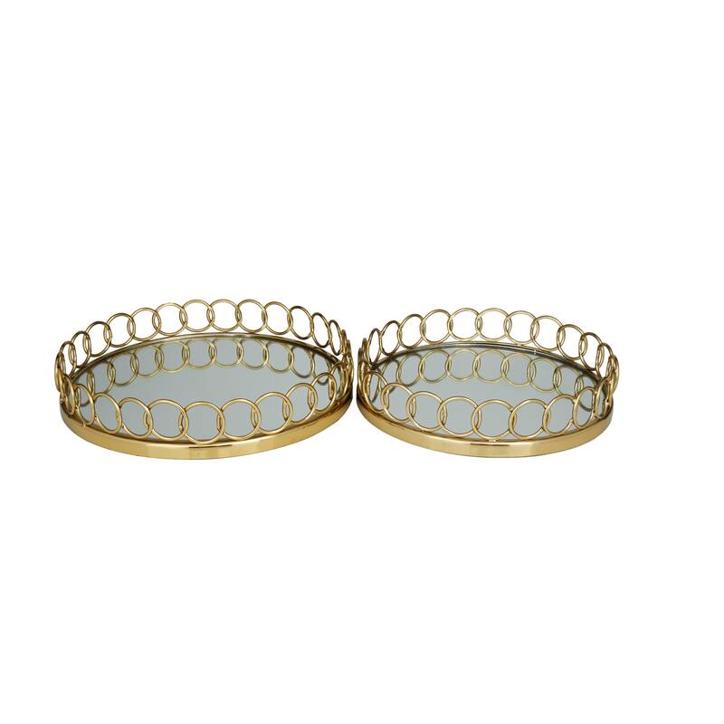 Gold Stainless Steel Metal Mirrored Tray with Circle Patterned Sides (Set of 2) - 16", 14"W