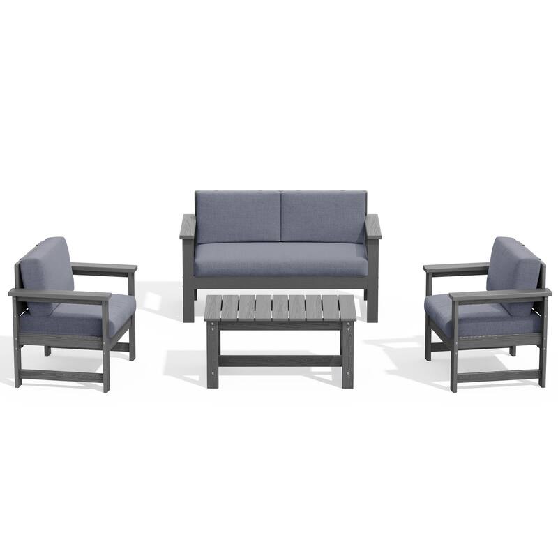 Outdoor Patio HDPE Sectional Sofa and Table Set, Removable Cushions Included, a Loveseat, 2 Single Sofas