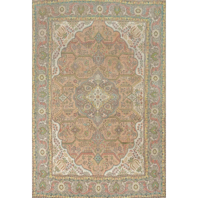 Hand Knotted Oriental 100% Wool Carpet Traditional Floral Peach Tabriz Area Rug - 12' 8'' X 9' 7''