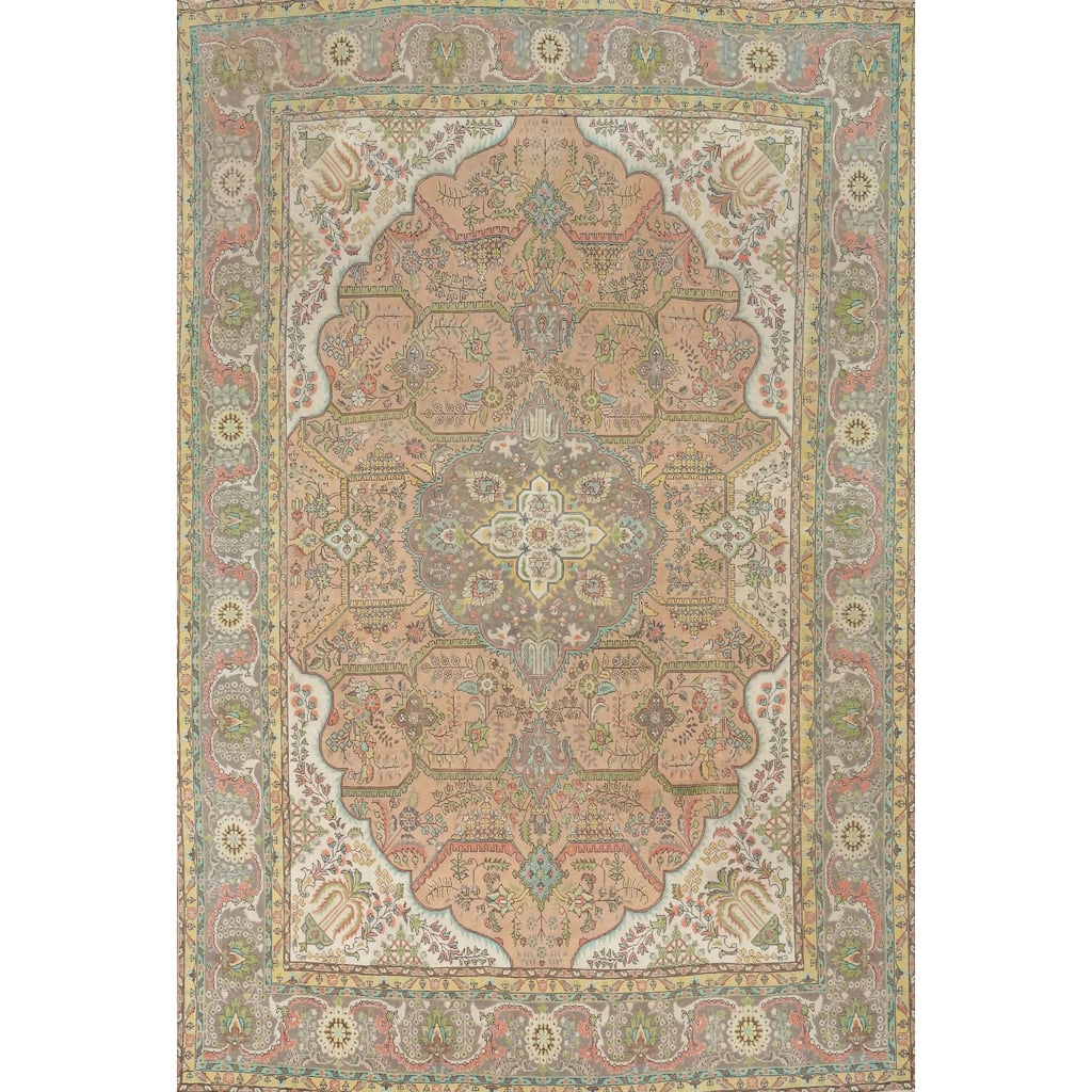 Hand Knotted Oriental 100% Wool Carpet Traditional Floral Peach Tabriz Area Rug - 12' 8'' X 9' 7''