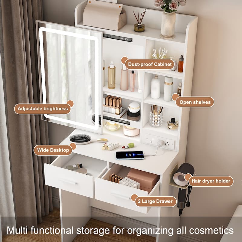Small Makeup Vanity with Mirror & LED Lights, Charging Station, Storage Drawers, Cushioned Stool, White Dressing Table