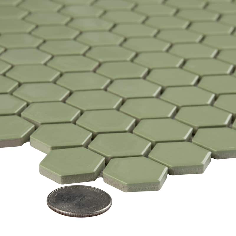 Merola Tile Metro Hex 1" Glossy Olive 11.86" x10.25" Porcelain Mosaic Floor and Wall Tile
