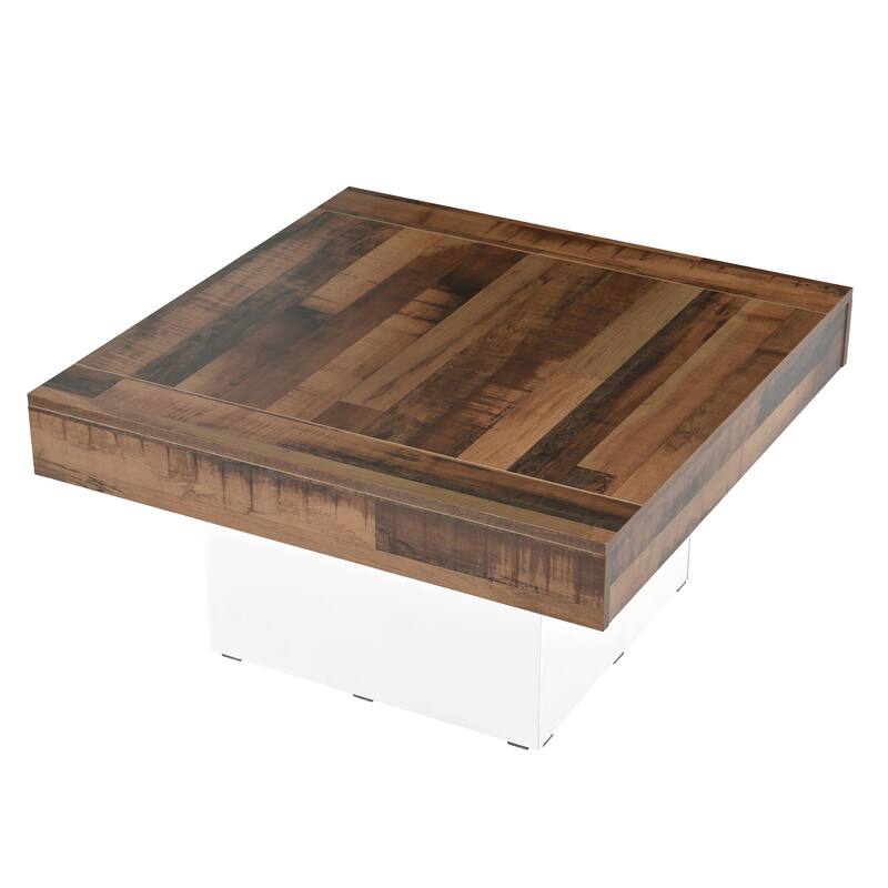 Farmhouse Coffee Table with 2 USB Ports, Outlets, Brown Spliced Wood Grain Center Table LED Square Cocktail Table