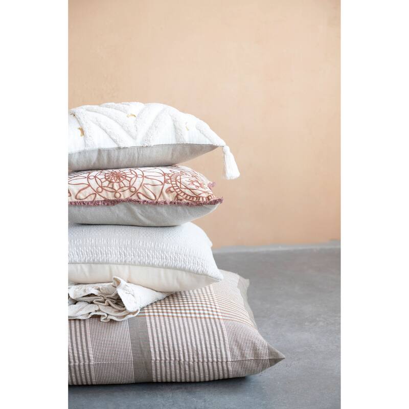 Stonewashed Cotton Velvet Pillow with Embroidery, Chambray Back and Eyelash Fringe