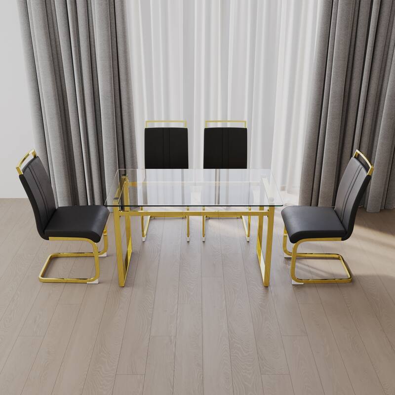 5-Piece Glass Dining Table Set with Gold Metal Legs and 4 PU Upholstered Chairs - Black