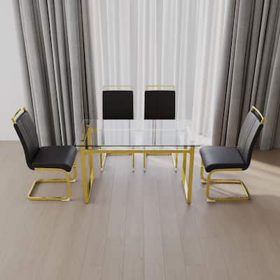 5-Piece Glass Dining Table Set with Gold Metal Legs and 4 PU Upholstered Chairs