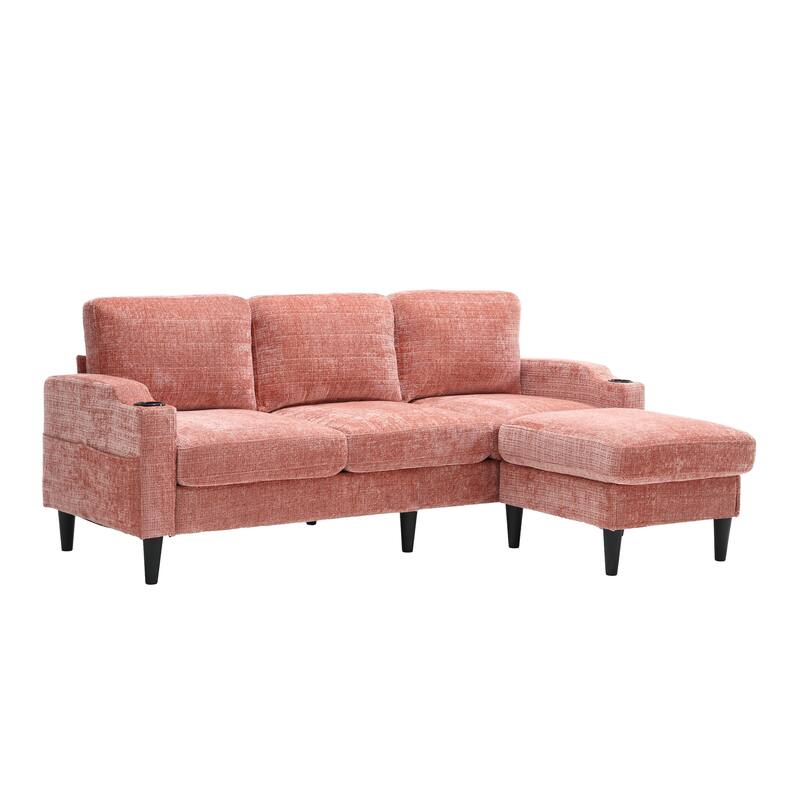 Modular Sectional Sofa with Storage Ottoman, Comfy Chenille Fabric Sofa, 3-Seater Sofa with Side Pockets & 2 Cup Holders