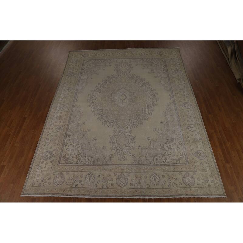 Traditional Beige Tabriz Persian Vintage Rug Handmade Wool Carpet - 9'7" x 12'6"