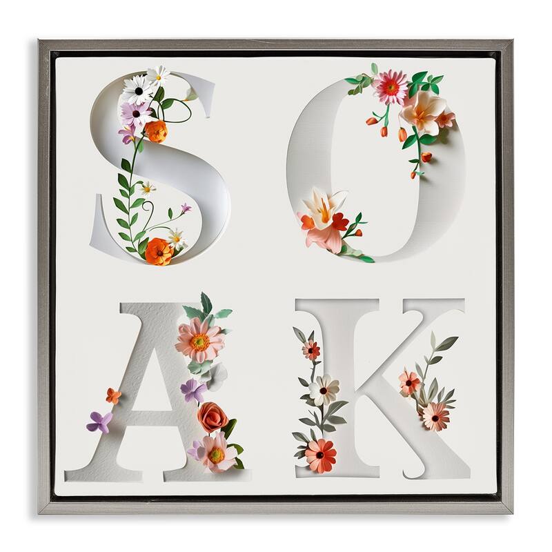 Stupell Floral Bathroom Soak Letters Framed Floater Canvas Wall Art Design By Susan Arnot - 18 x 18 - Grey