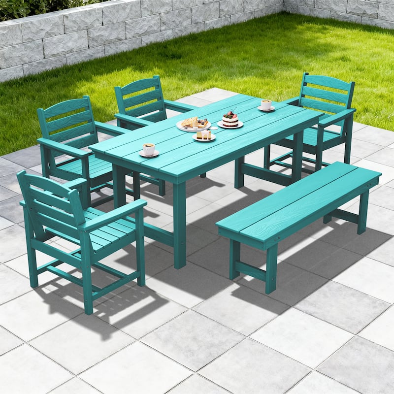 6-Piece HDPE Outdoor Dining Table Sets with Umbrella Hole - 1-Table 4-Chairs-1-Bench