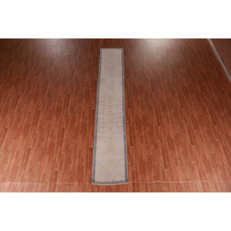 Hand Knotted Oriental 100% Wool Carpet Transitional Geometric Peach Oushak Runner Rug - 13' 8'' X 2' 4''