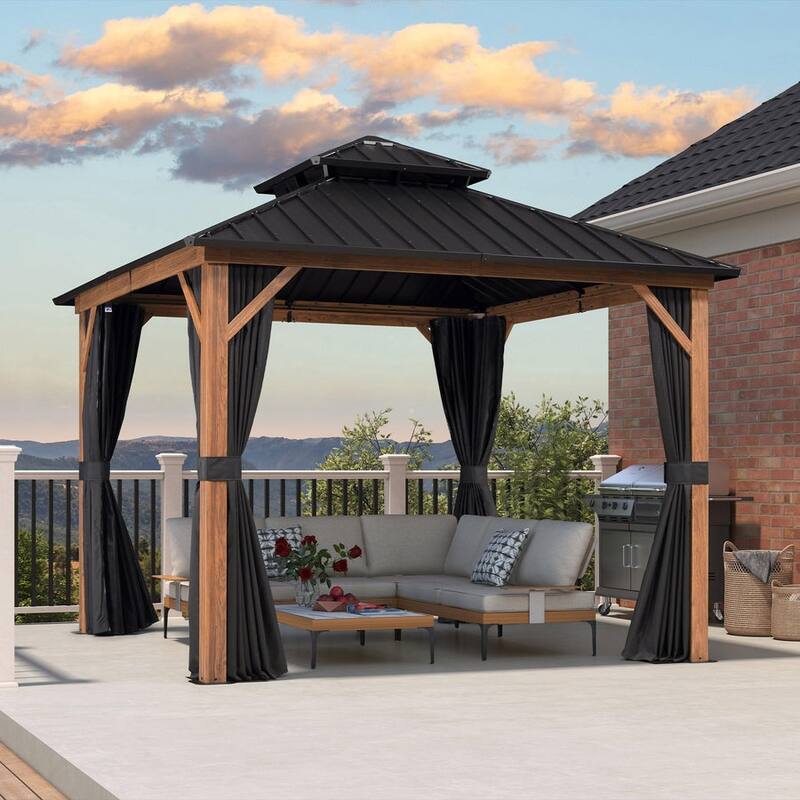 PURPLE LEAF Patio Hardtop Gazebo for Outdoor Wood Grain Aluminum Frame Galvanized Steel Double Roof and Backyard Garden - 10 x 10ft - Wood Grain