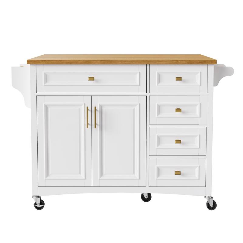 Haloi MDF Rolling Kitchen Island with Drop Leaf and 5 Drawers(52-in x30-in x36-in)