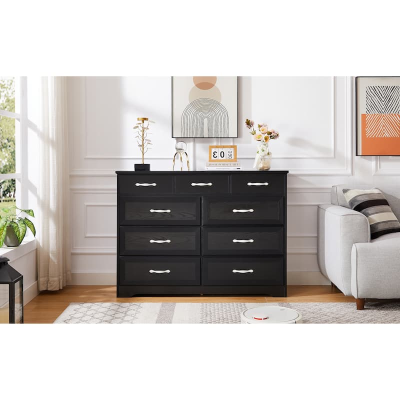 9 Drawer Long Dresser With Antique Handles