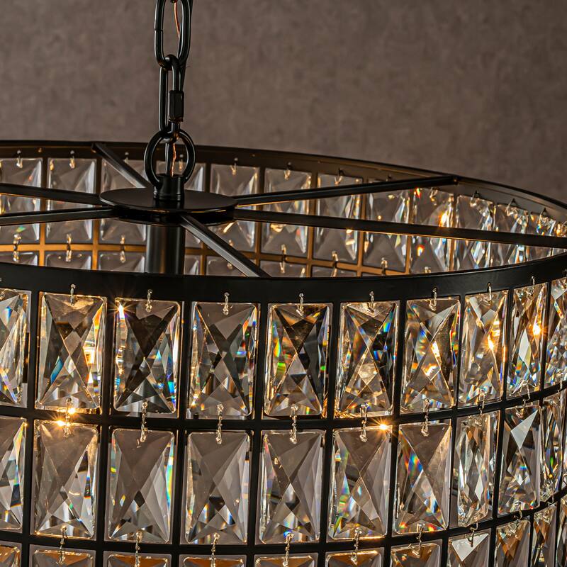 CraftHome 20'' Modern Crystal Chandelier Matte Black Finish 6-Light Round Drum Pendant Light Fixture for Dining Room Kitchen