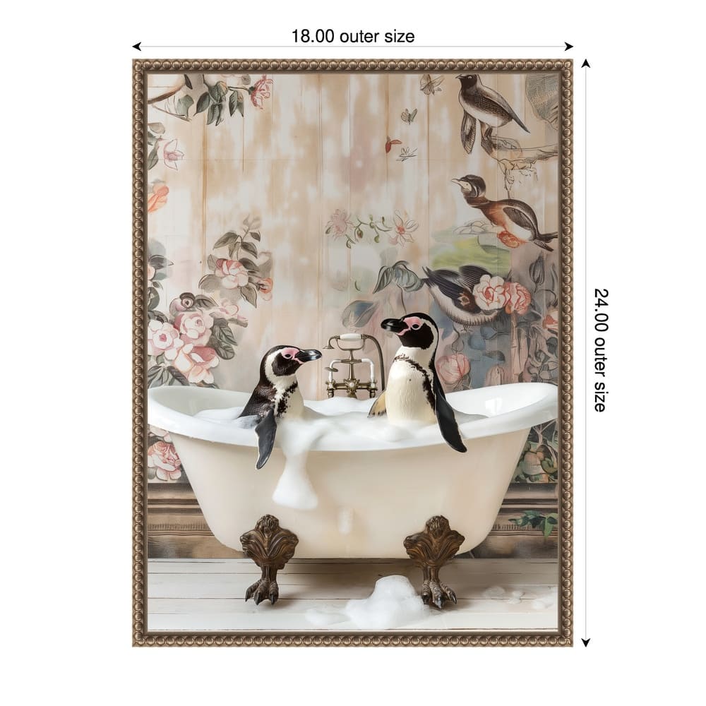 Penguin Pals in a Bubble Bath by Niky Rahner Framed Canvas Wall Art