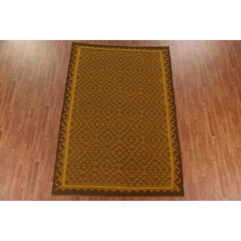 Hand Woven Oriental 100% Wool Carpet Southwestern Geometric Yellow & Gold Kilim Area Rug - 9' 8'' X 6' 6''
