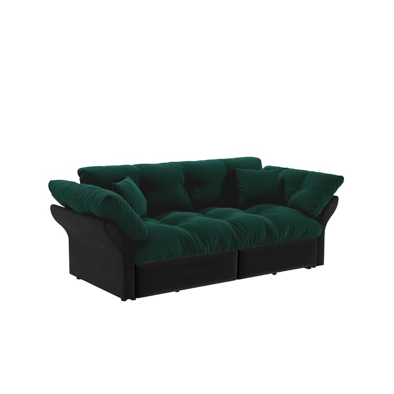 74.8" Queen Pull Velvet Out Sofa Bed, 3-in-1 Convertible Sleeper Tufted Sofa with 2 Soft Pillows-Green