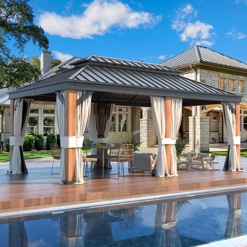 EROMMY 12x20 Outdoor Gazebo w Galvanized Steel Roof, Wood-Finished Aluminum Frame, Privacy Curtains, and Included Nettings