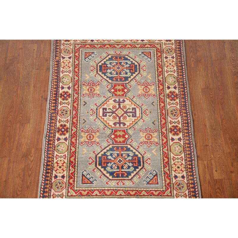Geometric Kazak Oriental Accent Rug Handmade Grey Wool Carpet - 2'8" x 4'2"