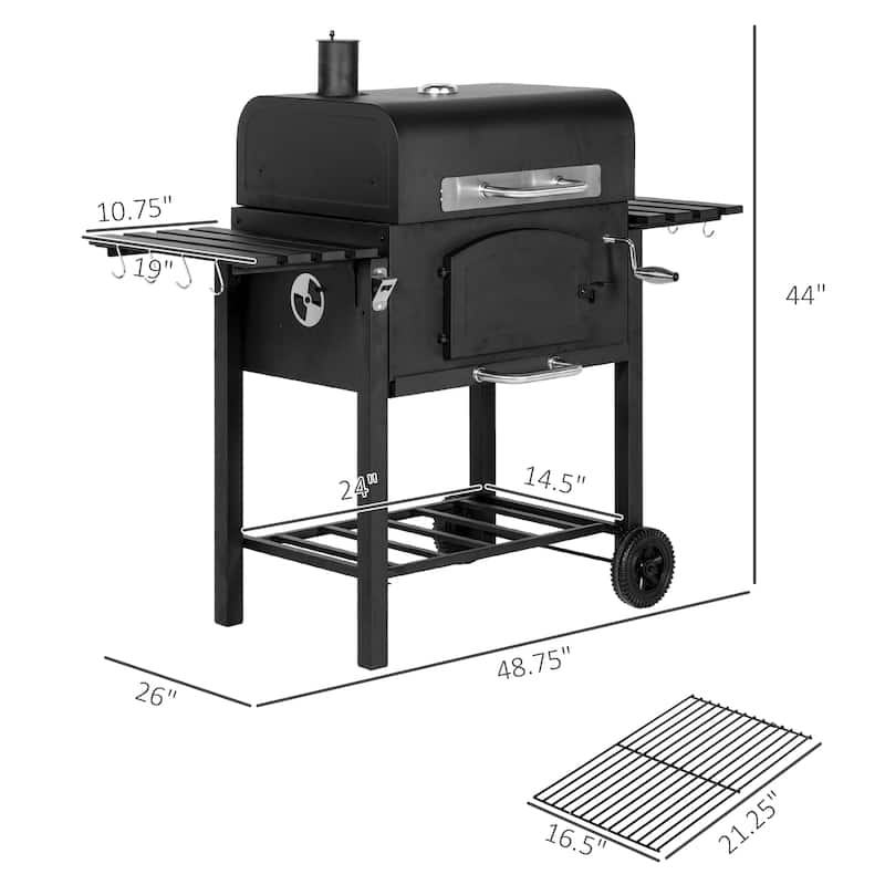 Charcoal Grill, BBQ with Adjustable Height, Portable Barbecue with Folding Shelves, Thermometer, Bottle Opener & Wheels