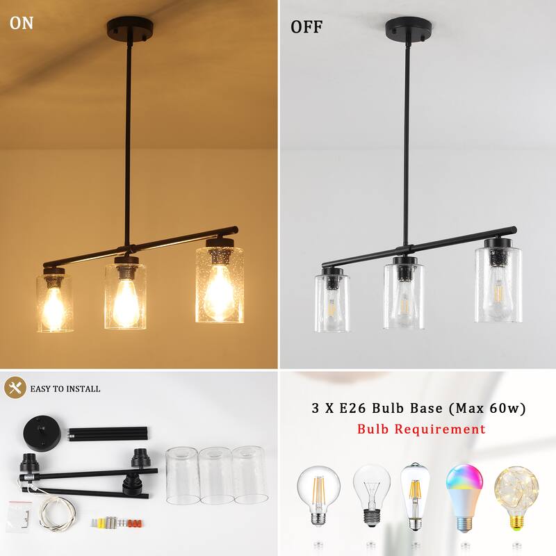 3-Light Kitchen Island Pendant Light with Bubble Glass Shade, Classic Semi Flush Mount Chandelier for Dining Room Living Room