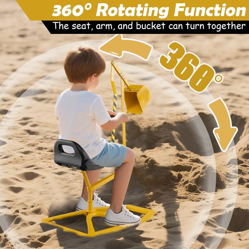 Yellow Sturdy Metal Sand Digger Toy with 2-Hand Controls and Ergonomic Seat for Kids - 44" x 16" x 25"