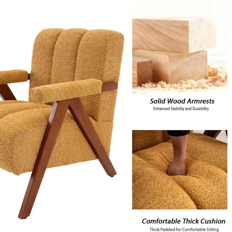 Mid Century Modern Accent Chair, Chenille Armchair with Solid Wood Legs, Channel Tufted Comfy Reading Chair for Living Room