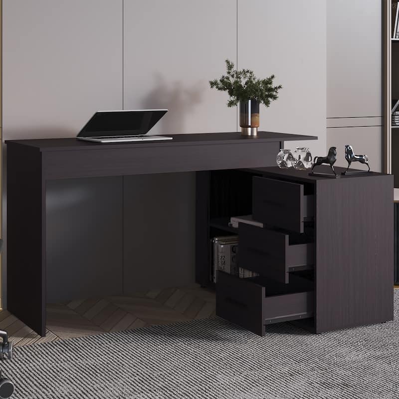 L-Shaped Computer Desk with 3 Drawers and Storage Space - Wenge