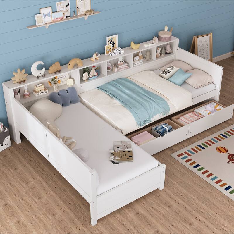 Roomfitters Twin L-Shaped Daybed for 2 with 3 Storage Drawers, Wooden Corner Bed Frame with Bookshelf for Bedroom
