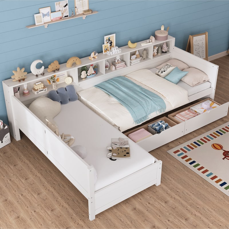 Twin Size L-Shape Daybed with 3 Pull-out Drawers, Wooden Corner Bed Frame with Storage Bookshelf