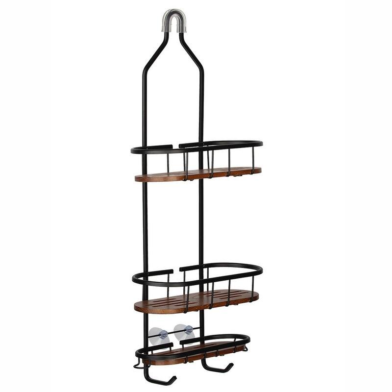 Utopia Alley Tia Rustproof Teak Overhead Shower Caddy with 3 Shelves, Hanging Shower Head Organizer, Black & Chrome Finish