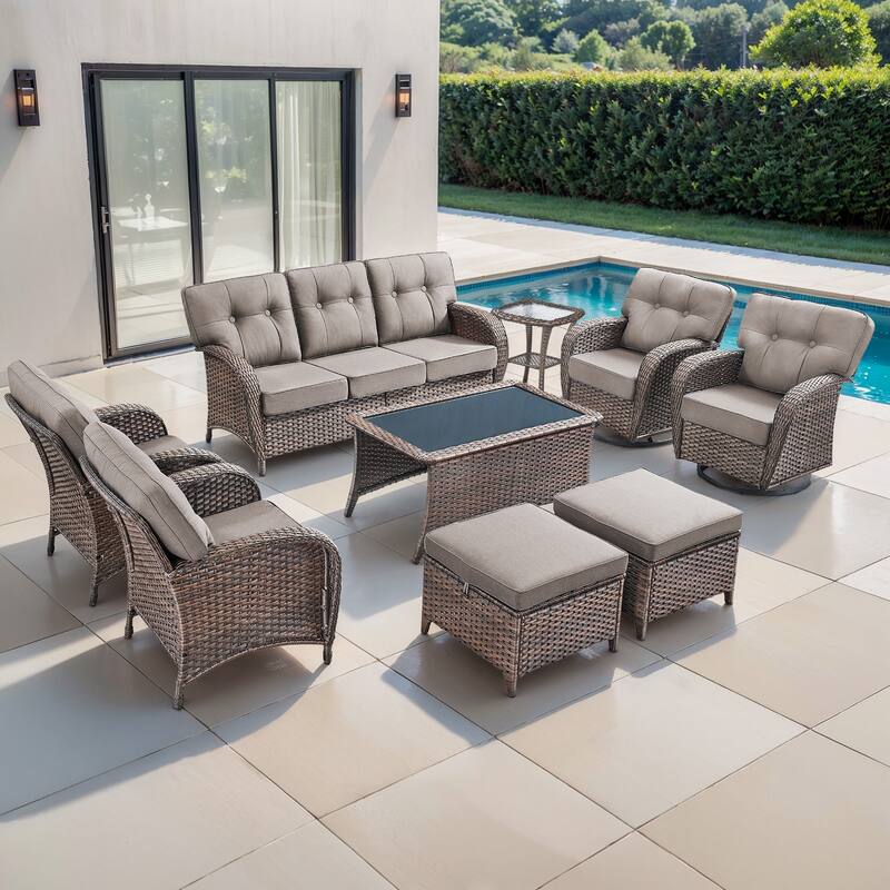 TWrap 9-Piece Patio Brown Wicker Sofa Conversation Set with 5-Inch Thick Cushions