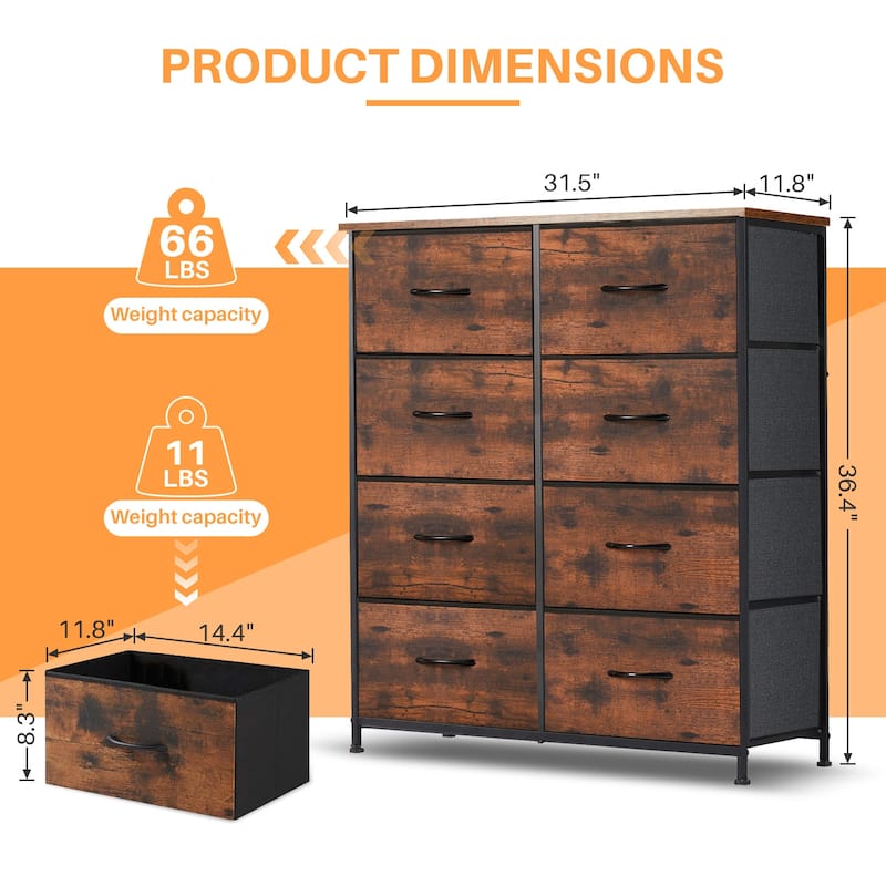 Dresser for Bedroom, 8 Storage Drawers, Tall Fabric Closet Chests Organizer Tower Furniture with Wooden Top Metal Frame