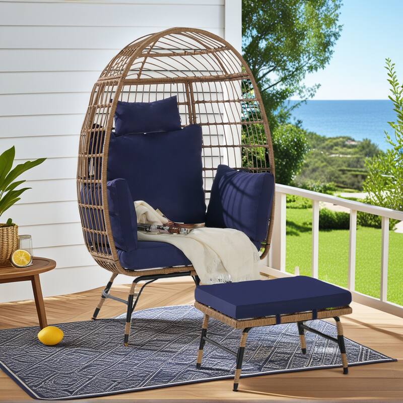 Luxury All-Weather Egg Chair with Ottoman, Oversized Rattan Hanging Chair for Patio, Balcony & Backyard