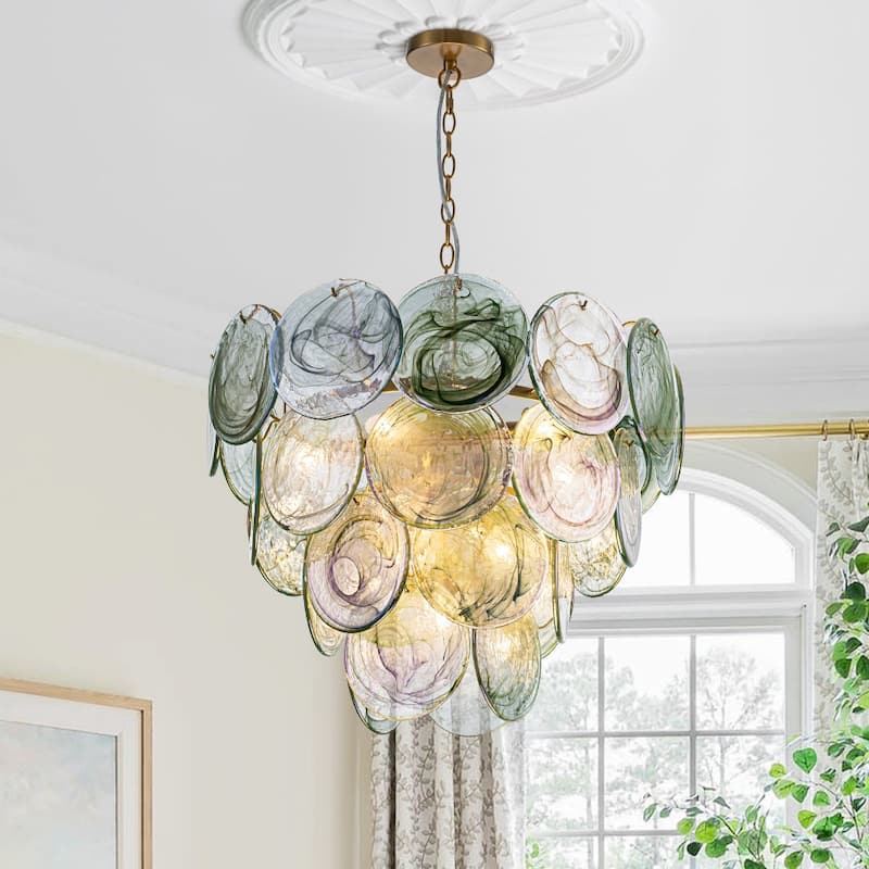Glam Tiered Pearlescent Green Misty Glass Round Chandelier - 23.6 Inches