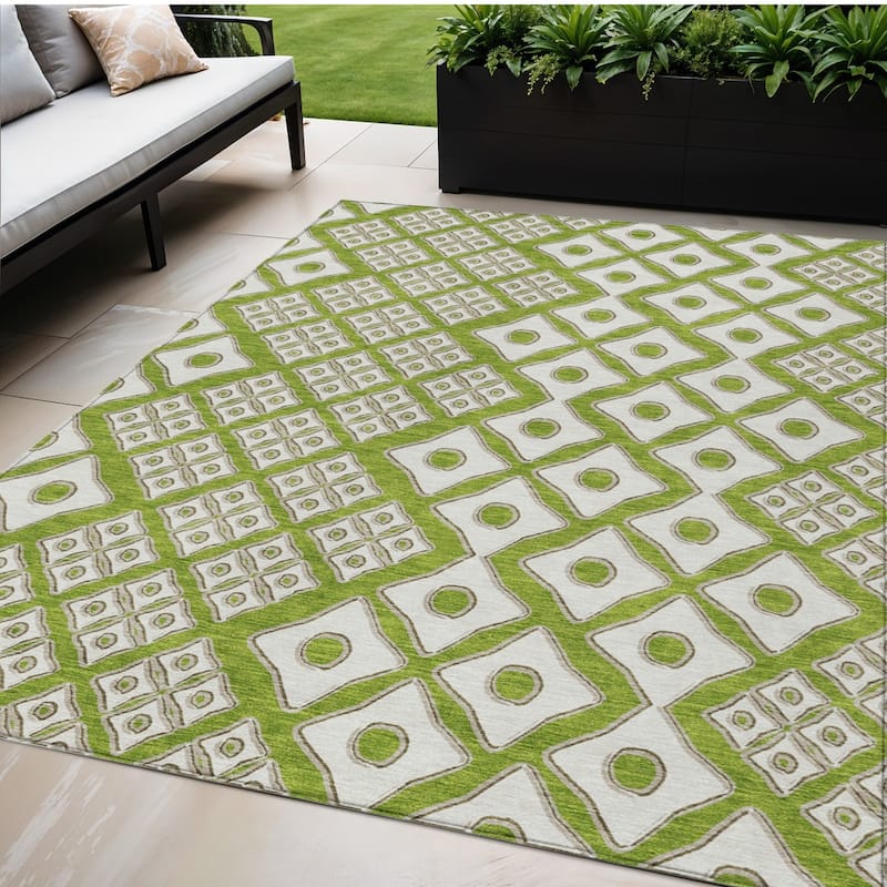 Lime Green And Ivory Geometric Washable Indoor Outdoor Area Rug - 5' X 8' - 5' X 8' - Green/Ivory