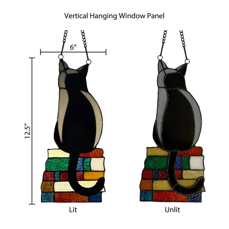 River of Goods Cat on Books River of Goods Stained Glass Vertical Window Panel - 6" x 0.25" x 12.5"