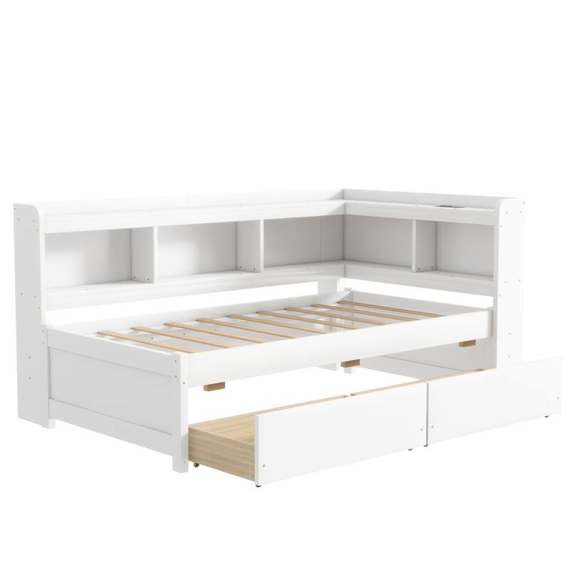 Corner Daybed Bookcases Bed with Power Outlets and Charging Ports, L-Shaped Storage Bed Frame Captains Bed with 2 Drawers