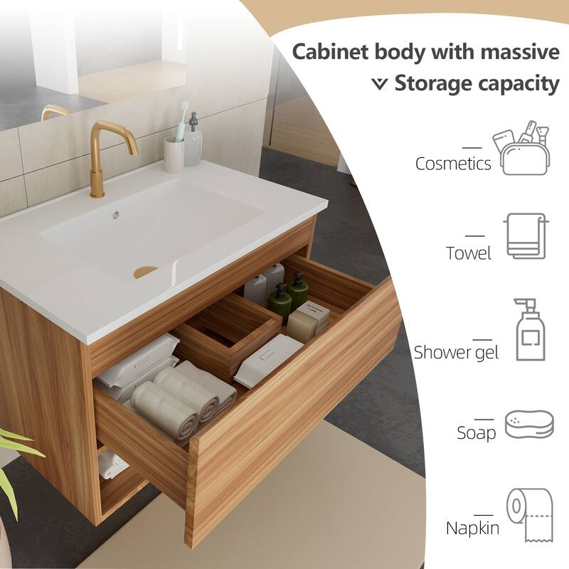 30 Inch Bathroom Vanity Cabinet With Ceramic Sink - Walnut Wall Mounted Floating Fluted Vanity With Drawers