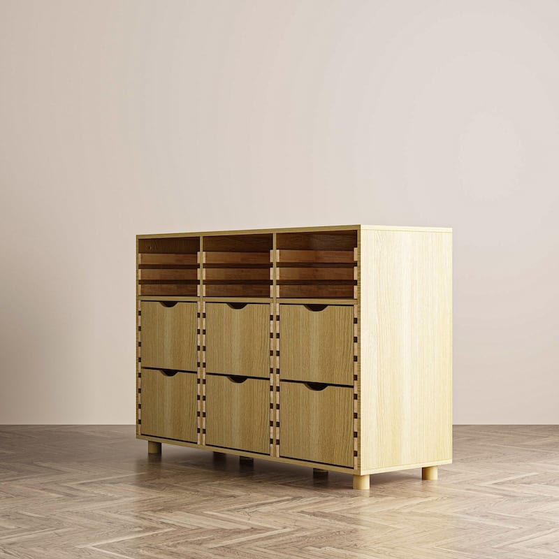 Buffet Sideboard 6-Drawer Wood Storage Cabinet with Adjustable Shelves, Solid Slat Panels