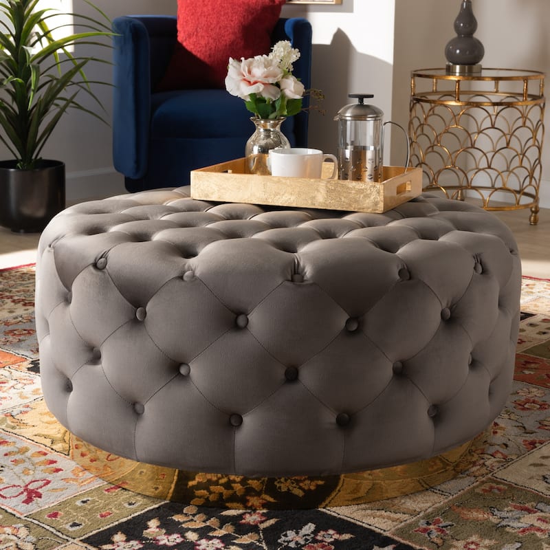 Silver Orchid Glam and Luxe Upholstered Round Cocktail Ottoman