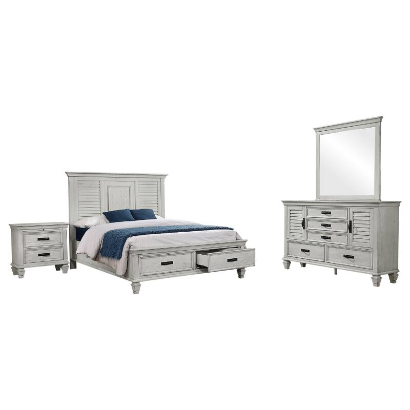 Eli 4 Piece Queen Bedroom Set, Footboard Storage, Rustic White Wood