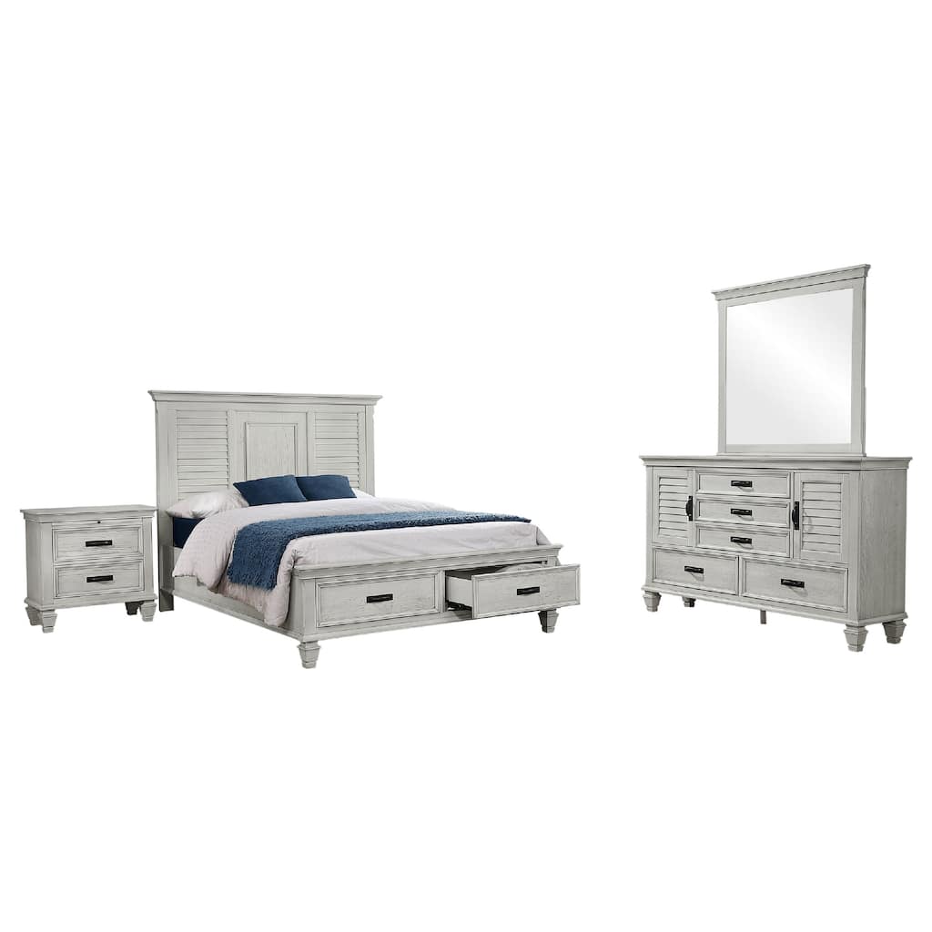 Eli 4 Piece Queen Bedroom Set, Footboard Storage, Rustic White Wood