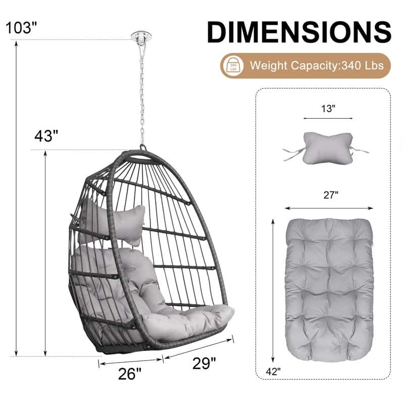 Outdoor Indoor Wicker Foldable Hanging Egg Chair Without Stand, Patio Swing Chair with Cushion, 340 lb Capacity
