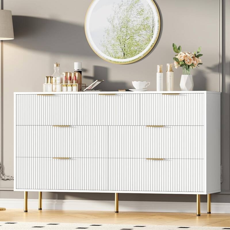 7 Drawer Fluted Dresser for Bedroom, Modern Wooden Storage Chest with Gold Handles - White