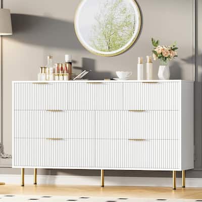 7 Drawer Fluted Dresser for Bedroom, Modern Wooden Storage Chest with Gold Handles