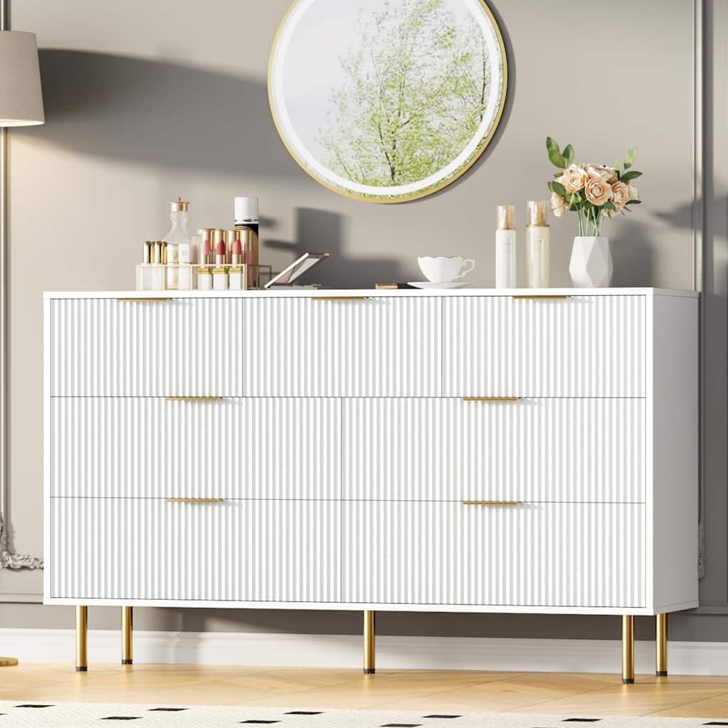 7 Drawer Fluted Dresser for Bedroom, Modern Wooden Storage Chest with Gold Handles
