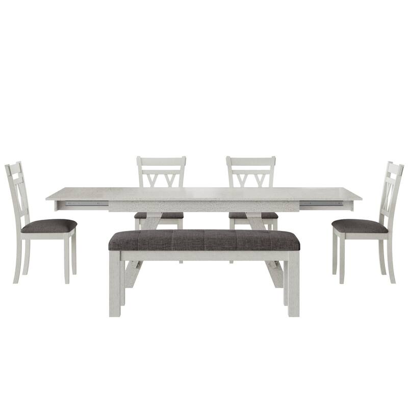 Javlergo Dining Table Set with Bench, Solid Wood Rectangular Extendable Dining Table and Chairs Set for 6-8