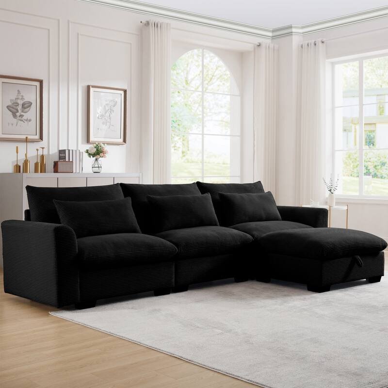 122" Modular Corduroy Sectional Sofa with Storage Ottoman for Living Room - Black